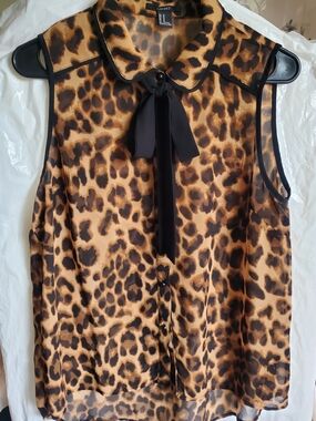 Forever 21 Brown and Black Leopard Print Blouse with Tie Neck